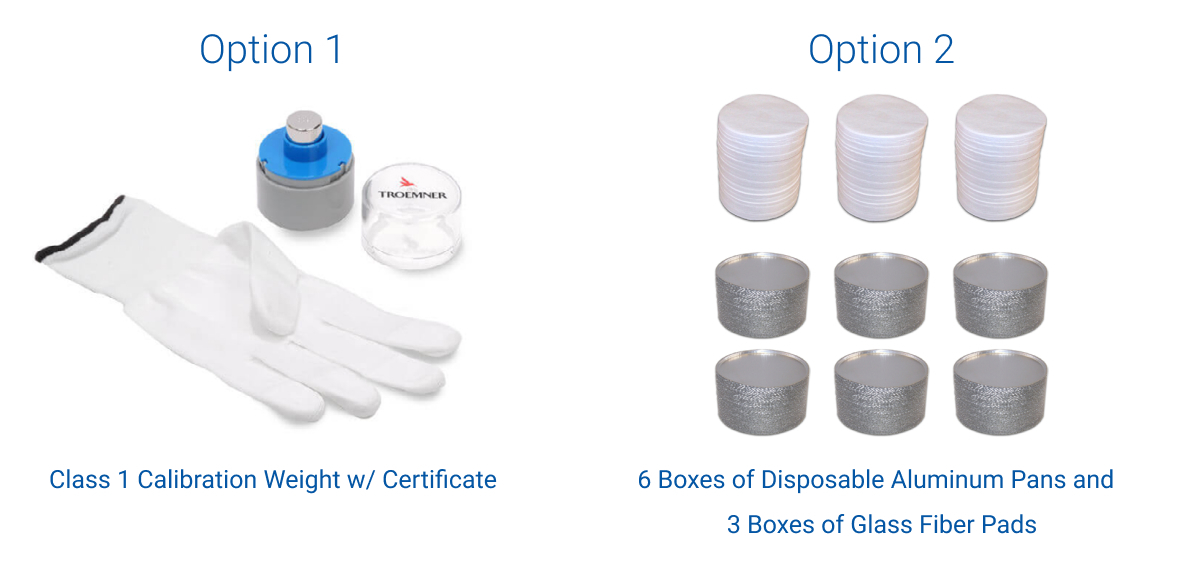 Two promotional options for free gifts with the purchase of a qualifying moisture analyzer: Option 1 – Class 1 Calibration Weight with Certificate (featuring a weight, gloves, and a container), and Option 2 – 6 boxes of disposable aluminum pans and 3 boxes of glass fiber pads, both displayed in a clear, white background.