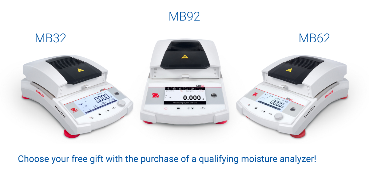 Three high-performance moisture analyzers from OHAUS — the MB32, MB62, and MB92 — each shown from different angles against a white background. These models feature modern designs, clear digital displays, and intuitive controls. The promotional text reads, ‘Choose your free gift with the purchase of a qualifying moisture analyzer!’