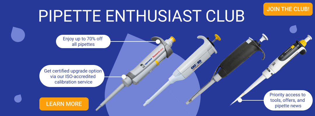 Banner for the Pipette Enthusiast Club featuring five different pipettes and promotional text offering up to 70% off, certified calibration upgrades, and priority access to tools and news. Includes a 'Join the Club!' button and a 'Learn More' call-to-action