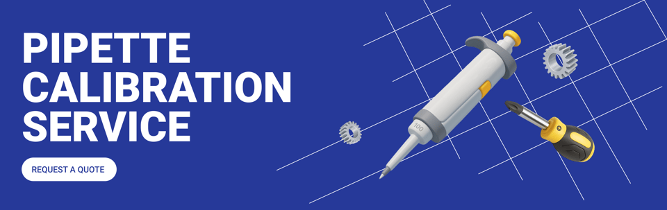Pipette calibration service banner with adjustable pipette, screwdriver, and gear icons on a blueprint background