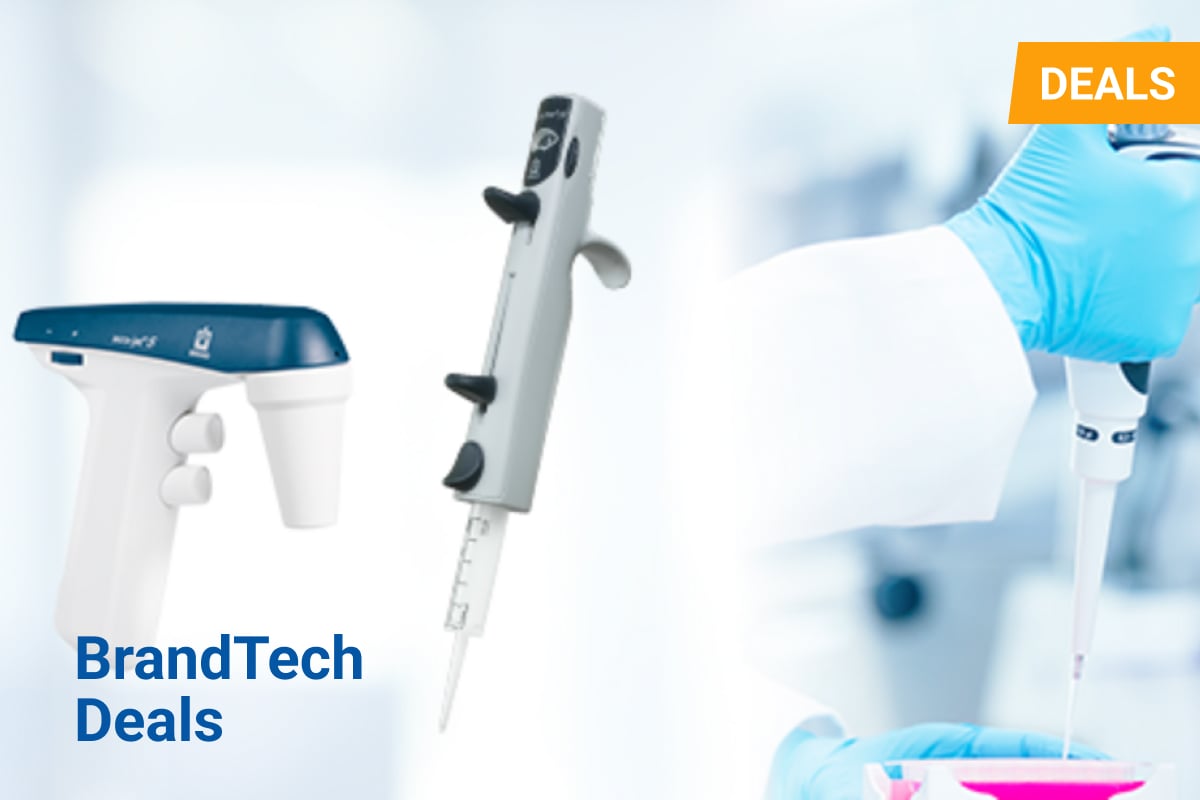 Promotional image for "BRANDTECH Deals" featuring laboratory equipment including a pipette controller and a mechanical pipette. A gloved hand is shown using a pipette in a lab setting. An orange label in the top right corner reads "DEALS".