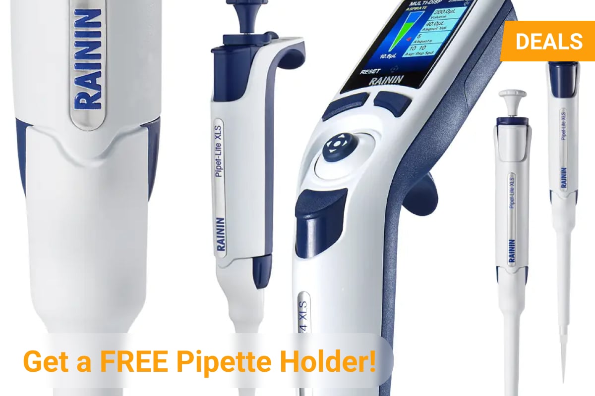 A promotional banner featuring various Rainin pipettes with the text “Get a FREE Pipette Holder!” and an orange "DEALS" label in the top right corner.