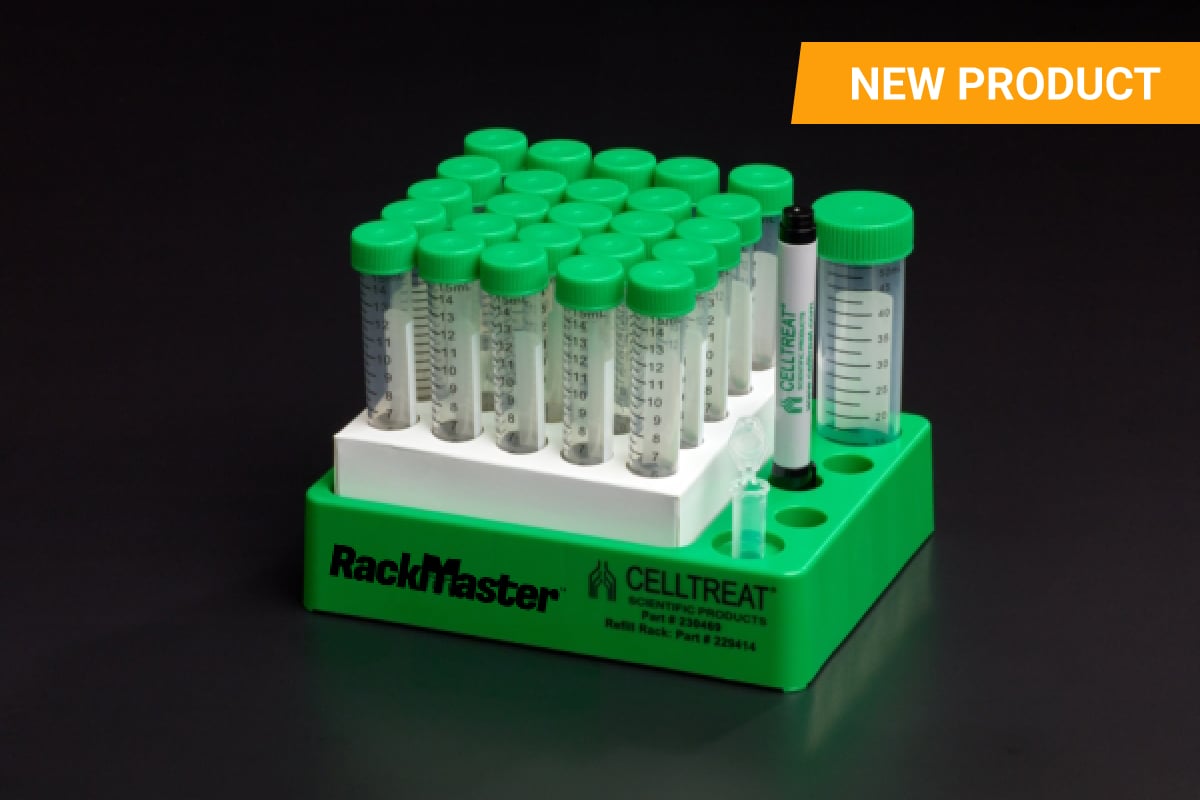 CELLTREAT RackMaster rack system displaying multiple conical tubes with green caps, a white labeling area, and a CELLTREAT branded marker. The rack is designed for efficient tube organization, with clearly marked graduations for precise measurements. A bright 